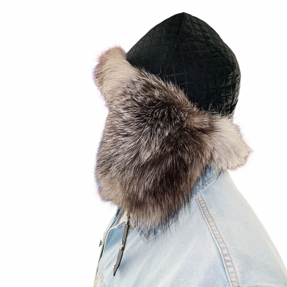 Rabbit Fur Trim Quilted Black Winter Trapper Hat